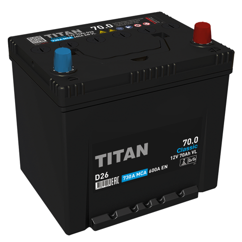 6СТ-70 Titan Classic Asia D26 аккумулятор о/п 600 En д260ш175в220